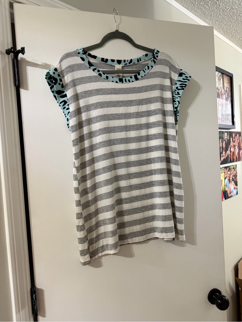 Striped Gray & Aqua Leopard Accent Women's Top